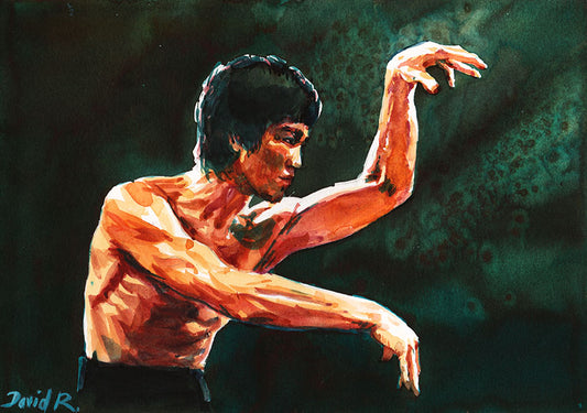 Vibrant watercolor painting inspired by ufc mma fighter karate bruce lee fighting. Part of Just Move Project by artist David Roman