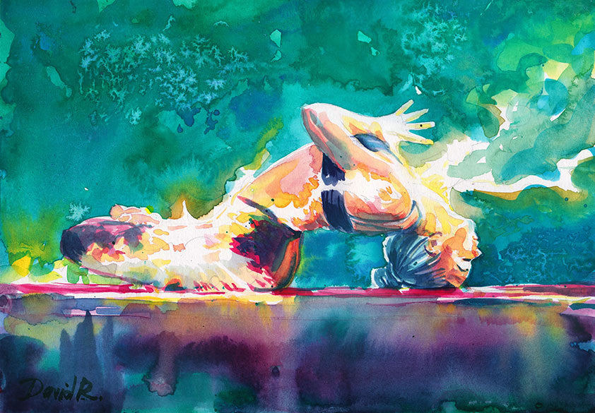 Vibrant watercolor painting inspired by yogi in flow namaste. Part of Just Move Project by artist David Roman